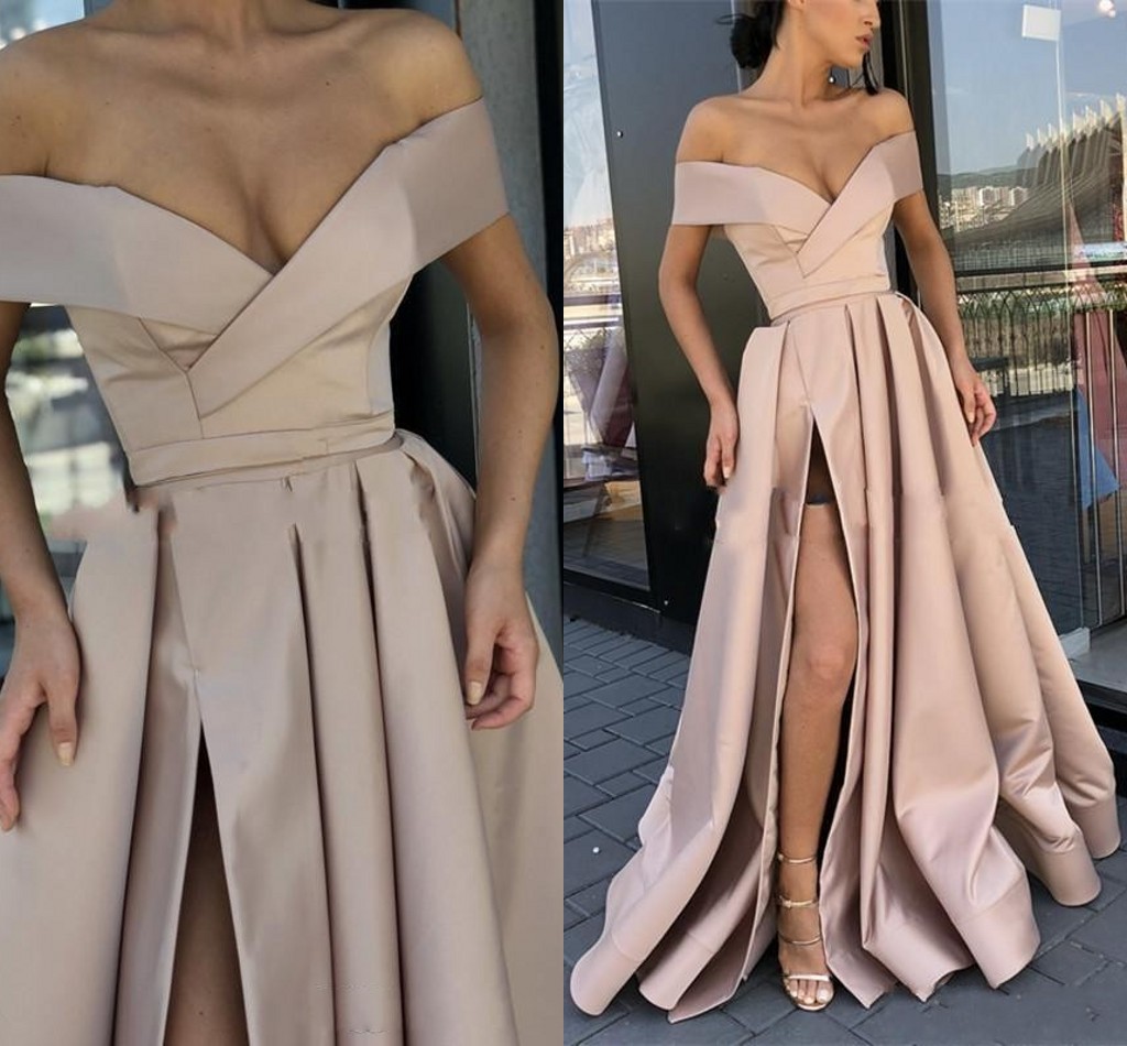 

2020 New Sexy Simple Evening Dresses Wear Off Shoulder Short Sleeves Satin Floor Length Long Side Split Formal Prom Dress Party Dresses, Dark green