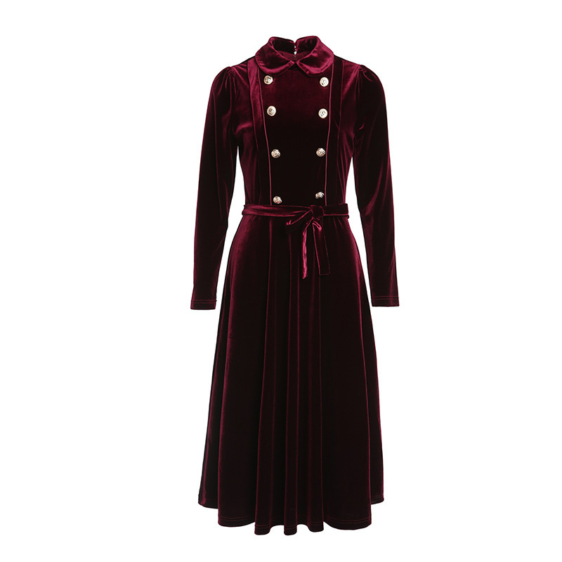 

2020 Fashion Wine Red Double Breasted Velvet Belt DressTurn-down Collar Slim Dresses Women Clothing Autumn Luxury Dress, Blue