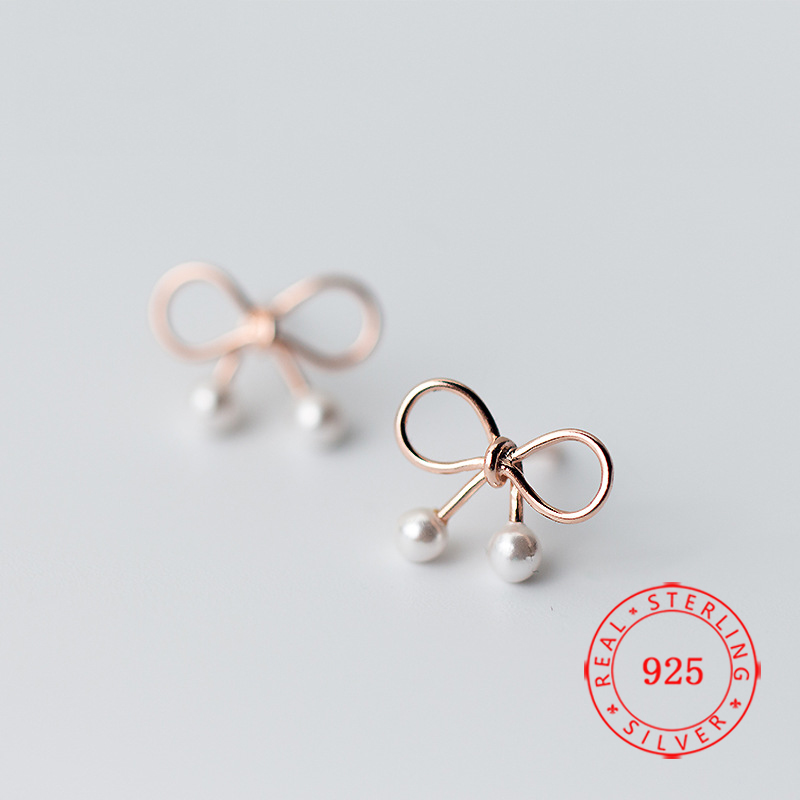 

wholesale stud earrings high quality 925 sterling silver 14k gold earring white pearl bow-knot rosette lady women jewelry