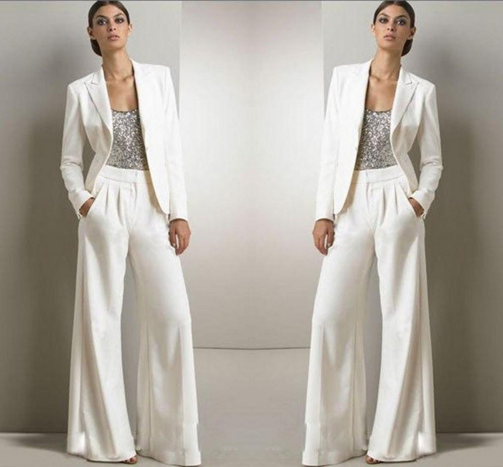 

2022 New Bling Sequins Ivory White Pants Suits Mother Of The Bride Dresses Formal Chiffon Tuxedos Women Party Wear Fashion Modest