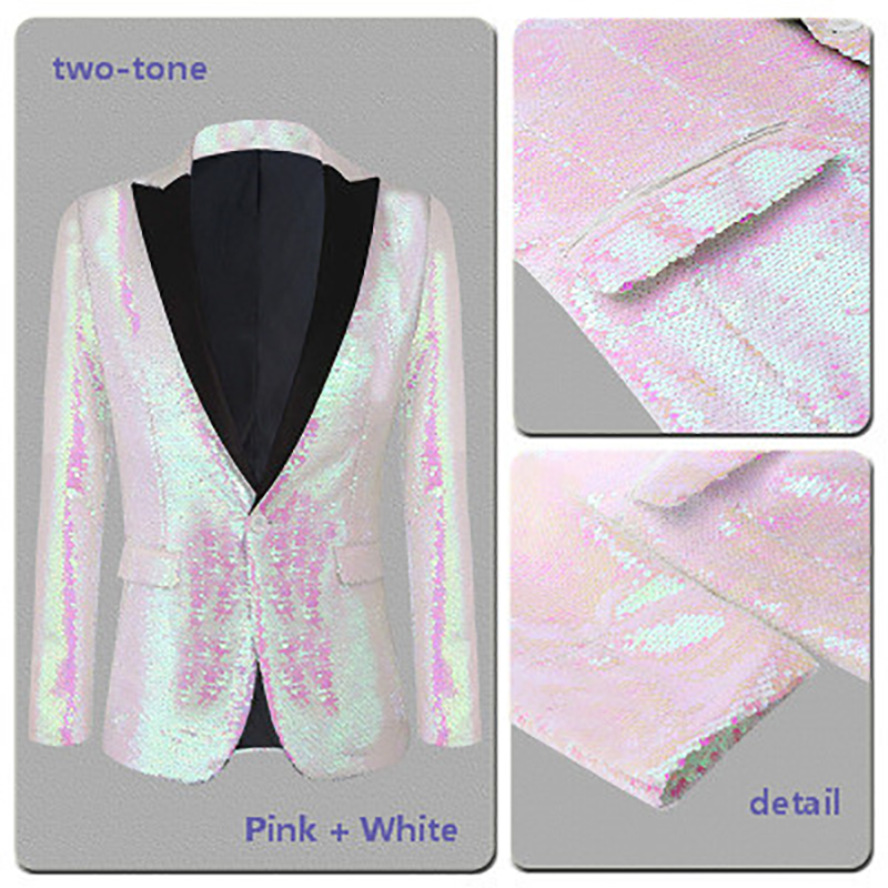 

White Pink Two-Tone Sequin Men Blazers Slim Fit Stage Dress Costumes Singer Drummer Host Groom Jacket Party Prom Nicht Club, Flash