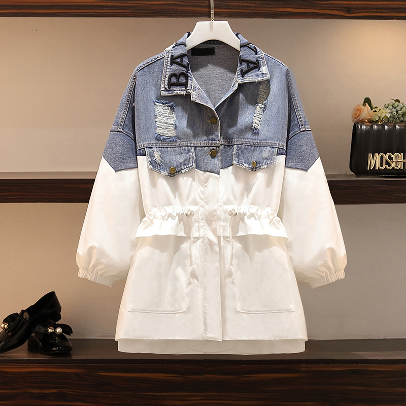 

Patchwork Denim Women's Windbreaker Lapel Lantern Sleeve Hit Color Drawstring Plus Size Trench Coat Female 2020 Spring Fashion, Black