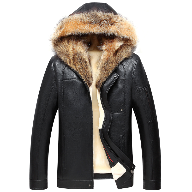 

Russia Winter Real Fur Collar Leather Jacket Men Faux Sheepskin Thick Hooded Leather Jacket Male Luxury Windbreaker Coat, Black