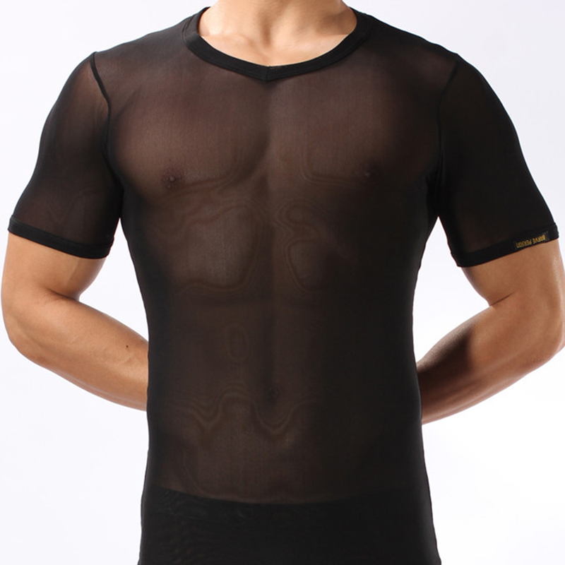 

Men Short Sleeve T Shirt Mesh Running Transparent Undershirts Muscle Gym Fitness Workout Sports Breathable T-Shirt Sportswear, Black