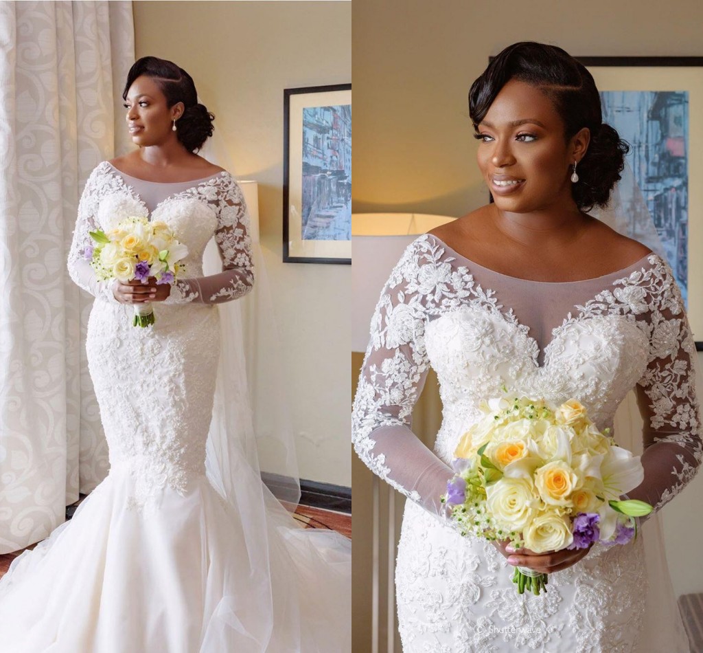 

Arabic Modern Cheap Long Sleeves Mermaid Wedding Dresses Scoop Neck Illusion Lace Appliques Crystal Beaded Plus Size Formal Bridal Gowns, White