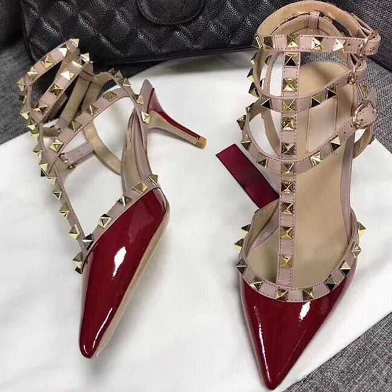 

New Fashion Designer Sexy women high heels party fashion rivets sexy pointed shoes Dance shoes wedding shoes 3 straps sandals, Red