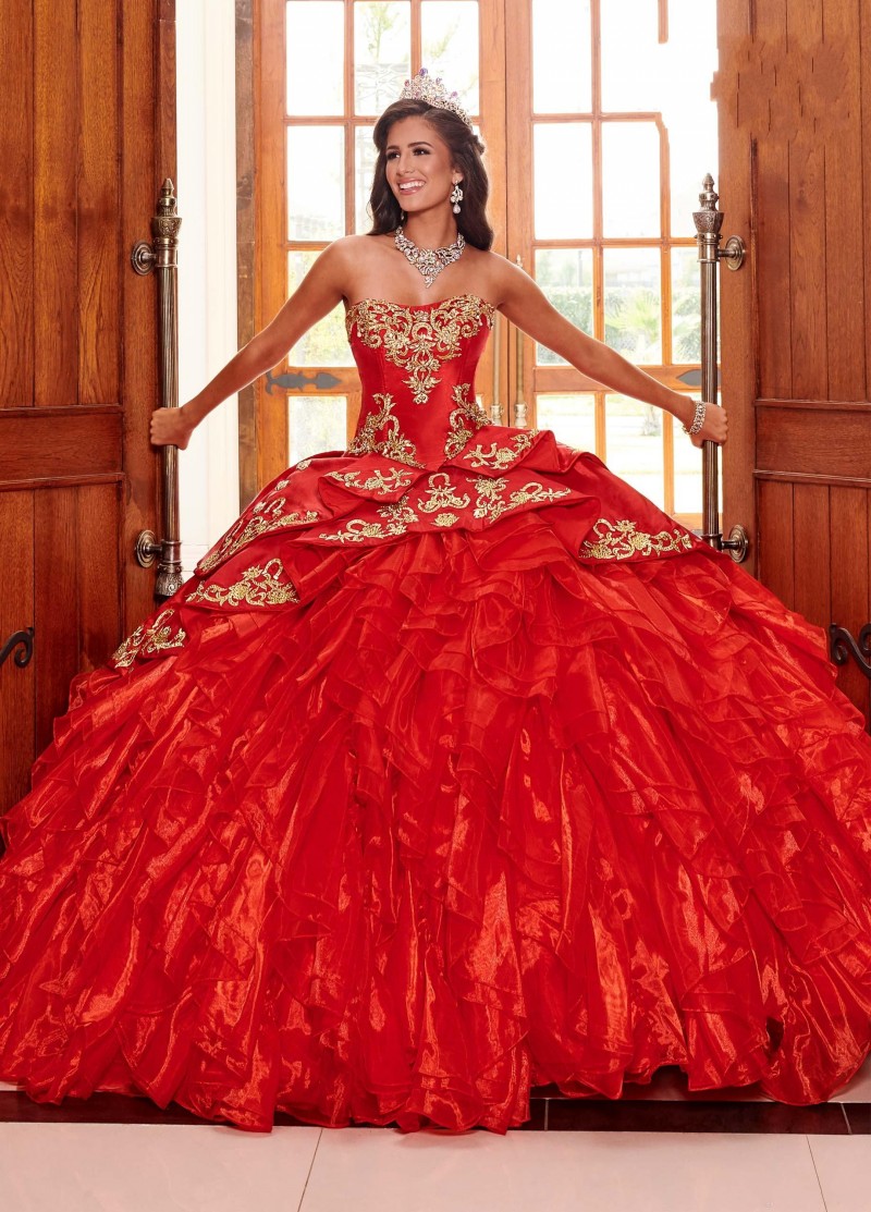 

New Red Quinceanera Dresses with Gold Applique Organza Ruffles Skirt Strapless Lace-up Sweet 16 Dress Women Ball Gown Prom Dress, Sage
