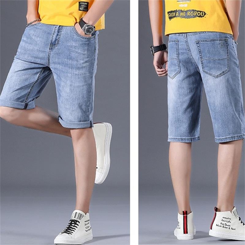 

Free Shipping 2020 Men's Summer New Straight Knee Length Denim Shorts Loose Elastic Denim Casual Shorts Nostalgic Blue
