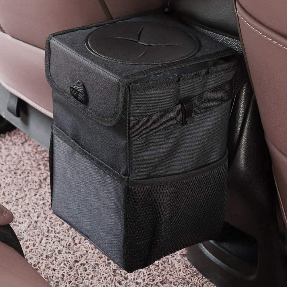 Car Trash Garbage Bag Can - Car Trash Can with Lid and Storage Pockets Leak-Proof Vinyl-image-543098075