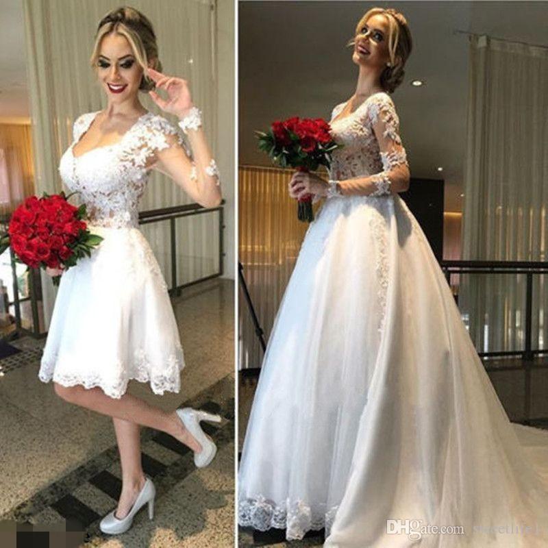 

2020 White Long Sleeve Wedding Backless Lace Detachabke Train A Line Bridal Gown Boho robes de mariée, Champagne