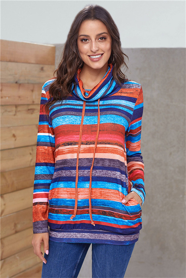 

Striped Turtle Neck Womens Hoodies Loose Autumn Spring Hooded Casual Womens Designer Hoodies Long Sleeve Pullover Sweatshirts