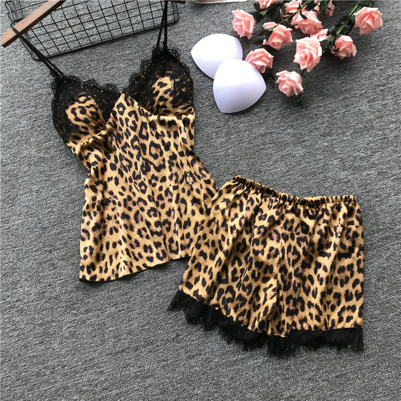 

Spring New Shorts Pajamas Gather Together Chest Pad Nightdress Lace Leopard Print Sexy Pajama Set Woman Fashion Sleepwear