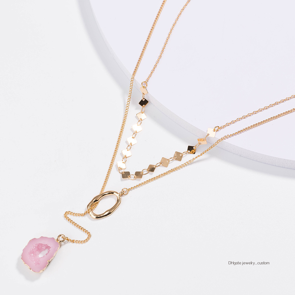 

Ma'am Double-deck Necklace Pink Colour Natural Stone Abnormity Golden Ring Pendeloque Cut Necklace 18k Gold Necklace