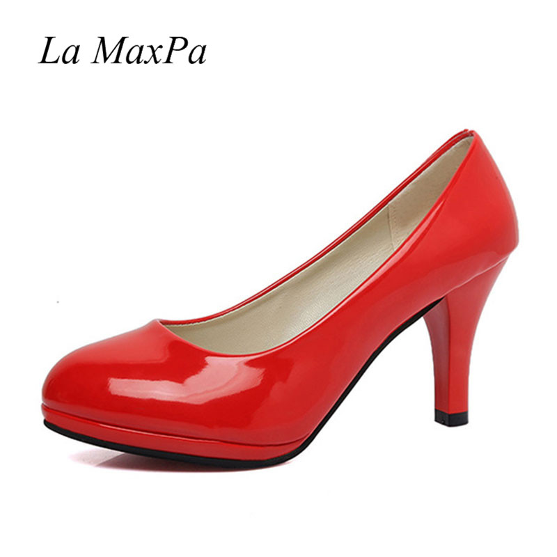 

Patent Leather Fashion Women Summer Party Shoes Bride Wedding Pumps Round Toe Red Sole Red Bottom Dress High Heels Footwear, Black