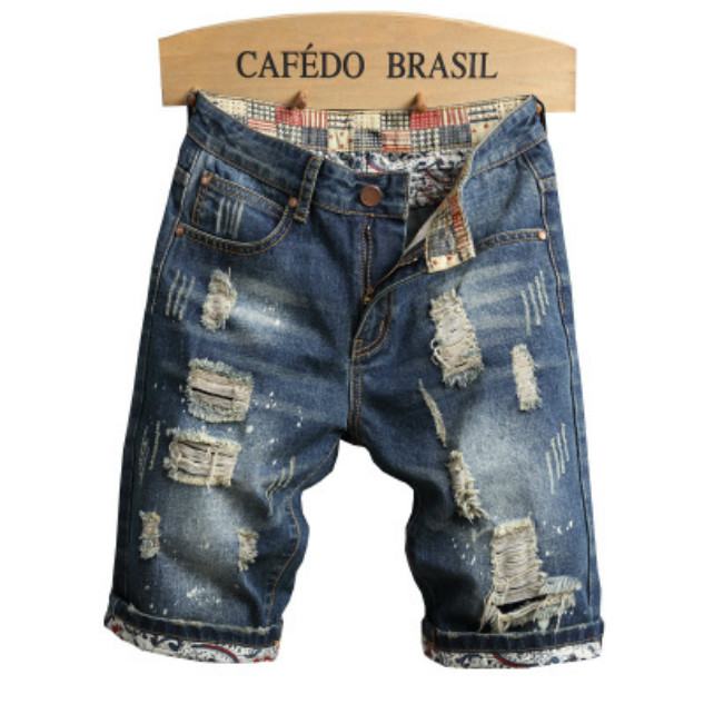 

Men's Designer Jeans Vintage Ripped Tideway Shorts New Trendy Slim Straight Men's Short Pants Middle Waist Zipper Front Baggy Cropped Pants, Blue