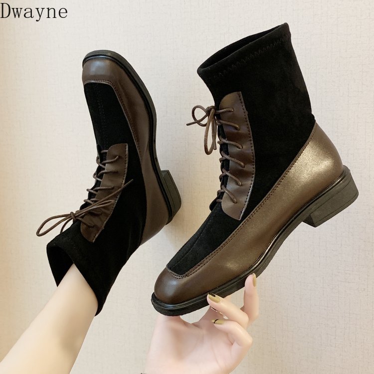 

Korean version of suede lace with square boots 2020 new female elastic British wild casual motorcycle boots, Brown
