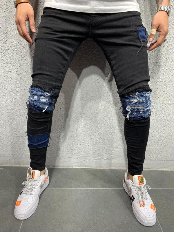 

Black Blue Laser and Patch Slim Fit Jeans, As pic