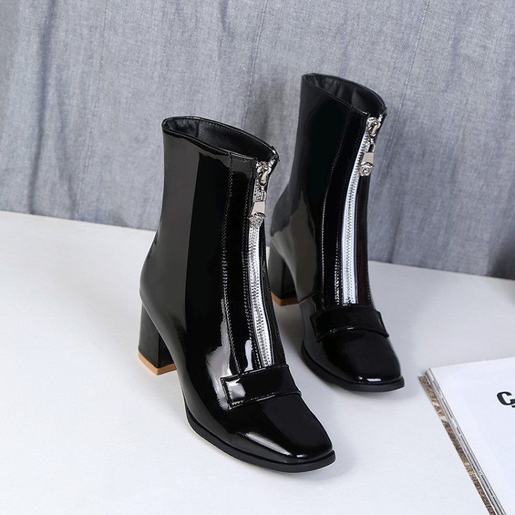 

Big Size 9 10 11-13 boots women shoes ankle boots for women ladies Front zipper bright leather stitching, Black