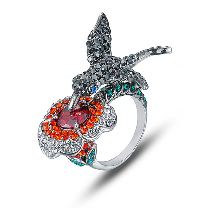 

[DDisplay]Fashion Creative Three-dimensional Hummingbird Foraging Ring Exaggerated Atmosphere Micro Rhinestone Shiny Flower Ring Burst