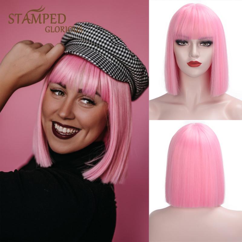

Stamped Glorious Straight Pink Bob Wig With Bangs Synthetic Short Wigs for Women Heat Resistant Fiber Hair Cosplay Wig, Black