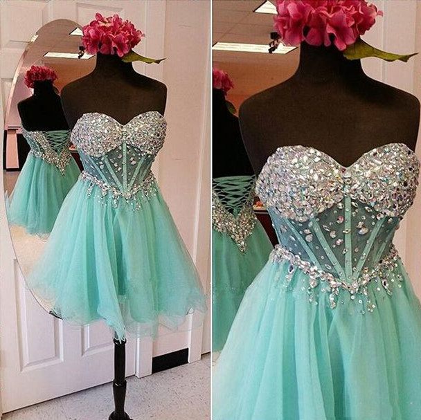 

Minit Green Tulle Short Homecoming Dresses 2019 Real Image Silver Beaded Rhinestone Sweetheart Maid of Honor Party Cocktail Dress, Blue;pink