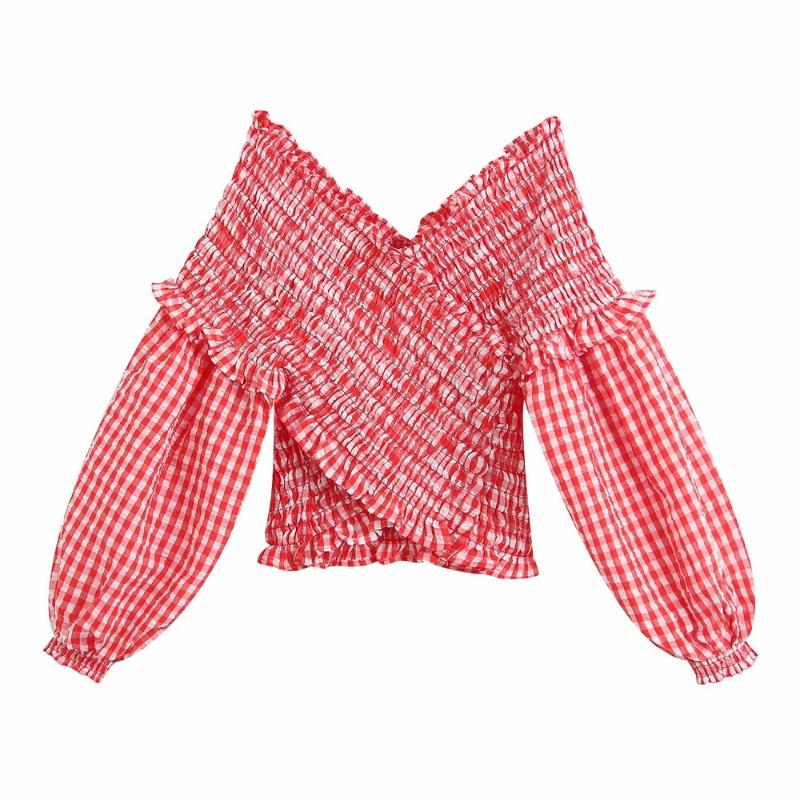 

2020 Summer Women's New French Asymmetric V-neck Shoulder Puff Long-sleeved Plaid Elastic Top Wild Shirt, Red