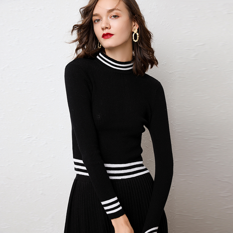 

Striped cashmere sweater female half-necked Slim long-sleeved women's sweater 2019 new short-sleeved knit bottoming shirt, Black