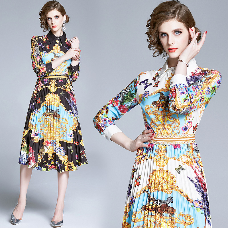 

Top Selling Women's Baroque Print Dresses Runway Designer Lantern Sleeve Casual Ladies Vintage Dress Plus Size Elegant Office Pleated Dress, Black;pink