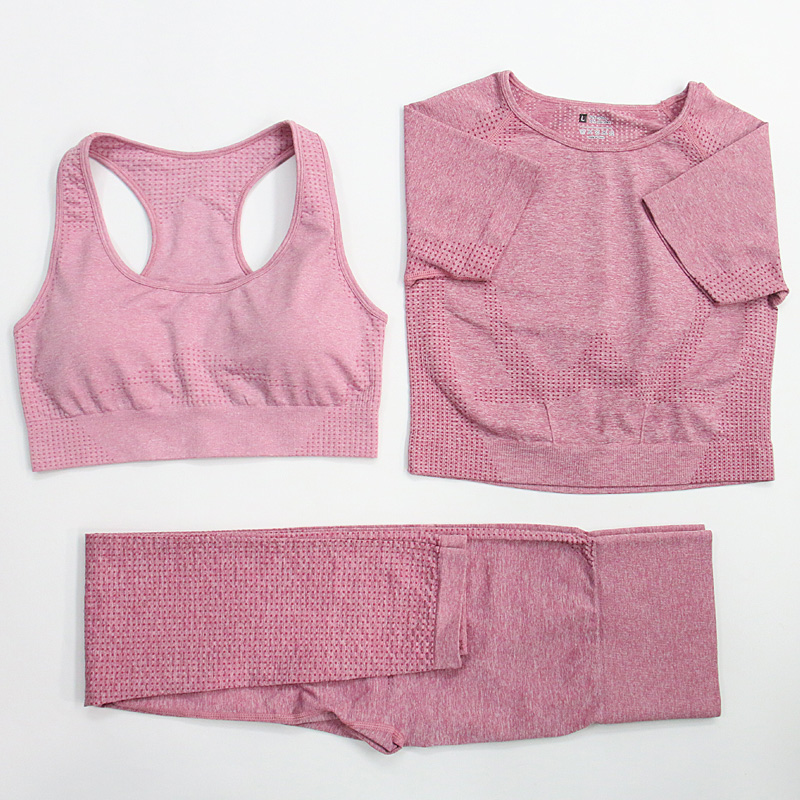 

3pcs Women Seamless Yoga Set Sports Bra Short Sleeve Shirts Leggings Workout Sportswear Gym Fitness Run Yoga Crop Top Tracksuits, Blue 3 pcs