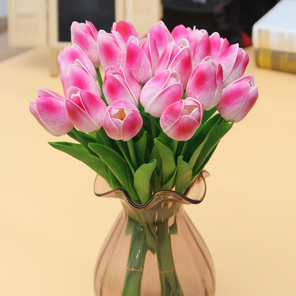 

10PCS/Lot PU Mini Tulip Flower Real Touch Wedding Flower Bouquet Artificial Silk Flowers for Home Party Decoration, Green