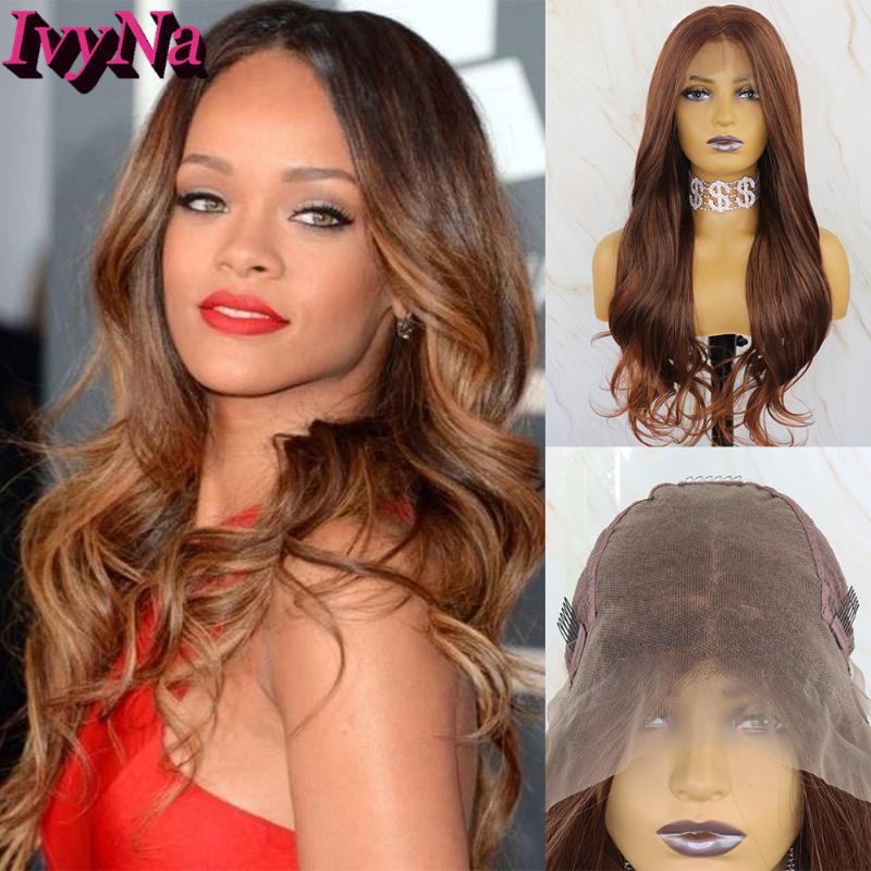 

IvyNa Brown Mixed Blonde 13x6 Synthetic Lace Front Wigs for Black Women 4/30 Highlight Lace Front Wigs Futura Heat Resistant Wig, Brown highlight