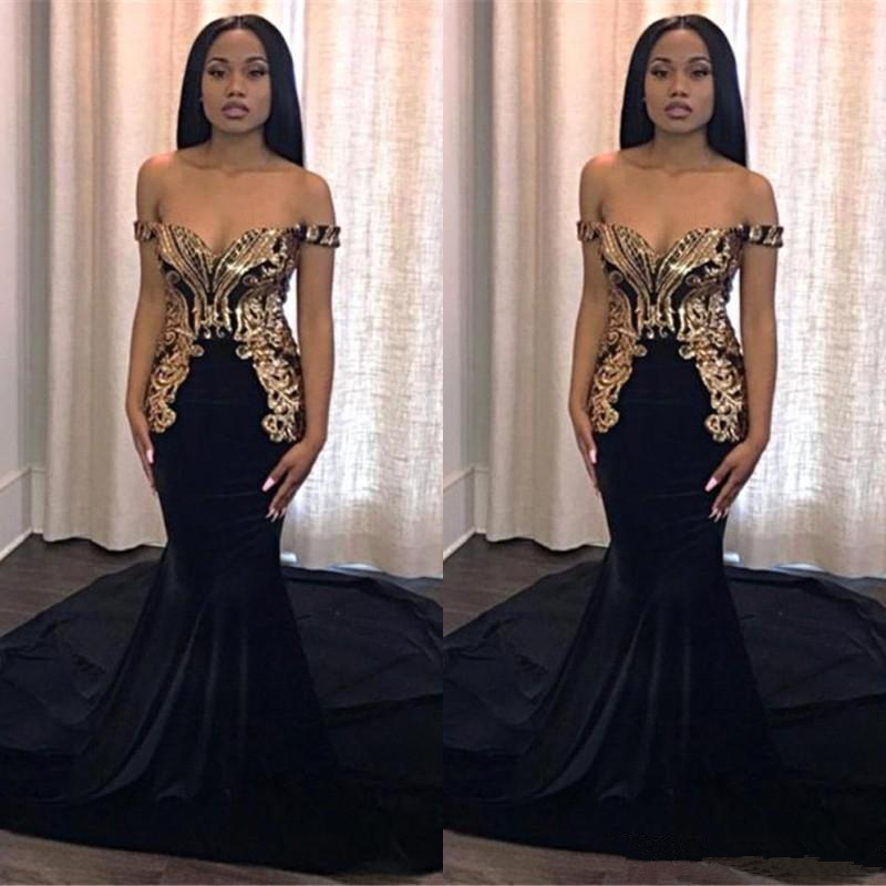 

African Mermaid Black Prom Dresses Long Gold Appliques Elegant Off Shoulder Custom Black Girls Evening Gowns Celebrity Runway Dress, Red