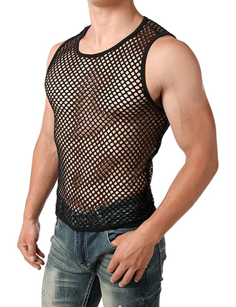 

2020 Mens Mesh Tops Sports Sheer Slim Fit Gym Training See Through T-shirt Top Sexy Fish Net Muscle Tee Vest -XXL, 2#