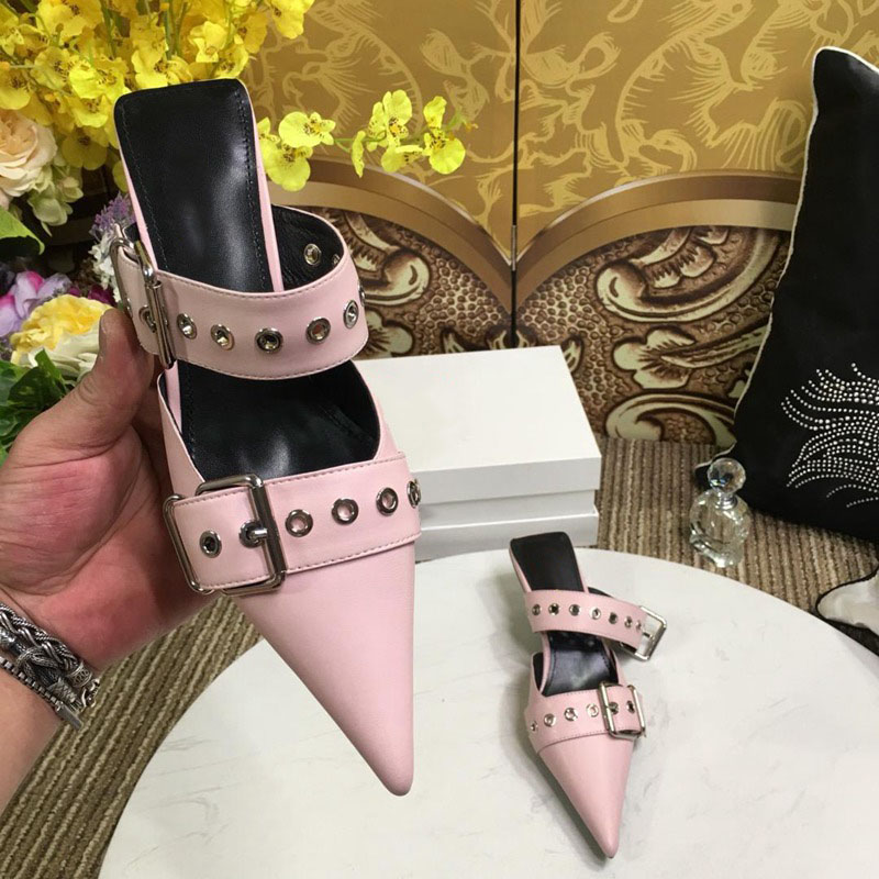 

women belt mule pumps palladium thin heel pointed toe square back slippers mid heel sandal vintage summer dress shoes, Black