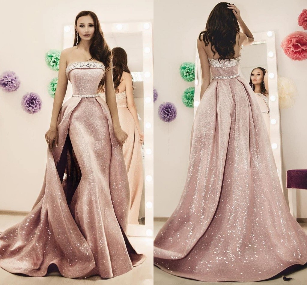 

Gorgeous Beads 2020 New Arrival Pink Mermaid Prom Dresses With Overskirts Beaded Prom Gowns Strapless Evening Dress Ballkleider, Orange