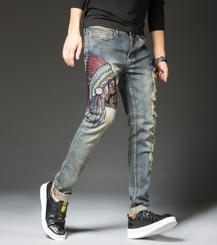 

Distressed Patchwork Embroidery Men's Slim Jeans Casual Long Pants Ripped Denim Jeans For Man Size 28-38, Blue
