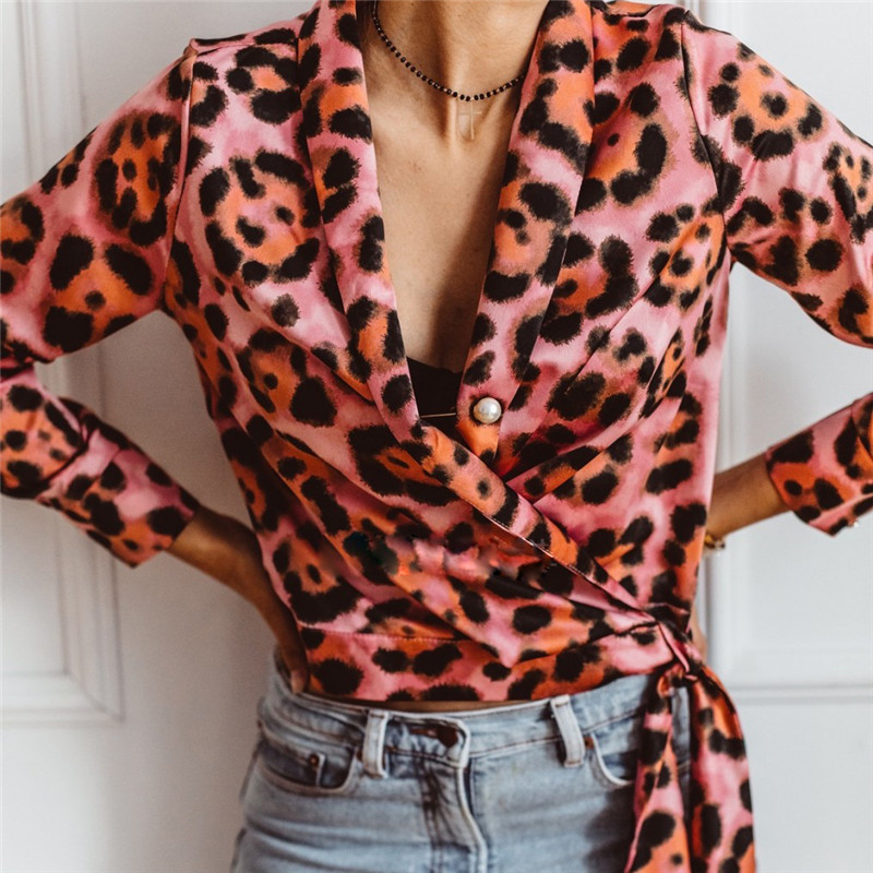 

Women Leopard print Blouse Shirt long sleeve deep v neck casual streetwear stylish tops fashion bandage slim blusas female top, Green