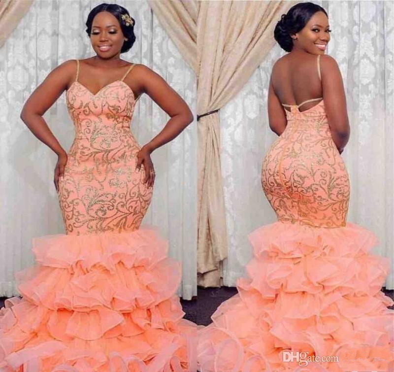 Plus Size Prom Dresses African Women Wear Spaghetti Straps Appliques Tiered Ruffles Mermaid Evening Gowns 2K19 Sexy Back Party Dress-image-448715872