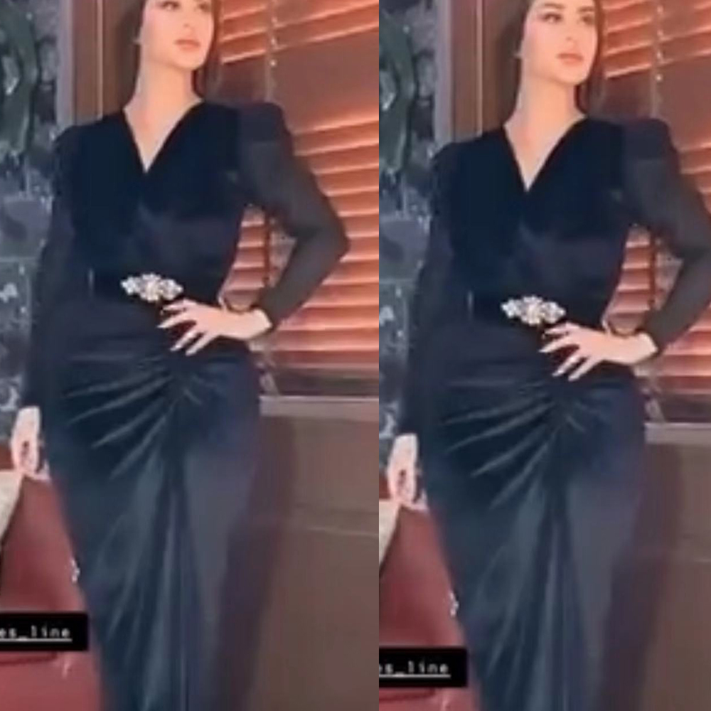 

Black Prom Dresses 2020 V Neck Long Sleeve Pleats Mermaid Evening Formal Gowns, Water melon