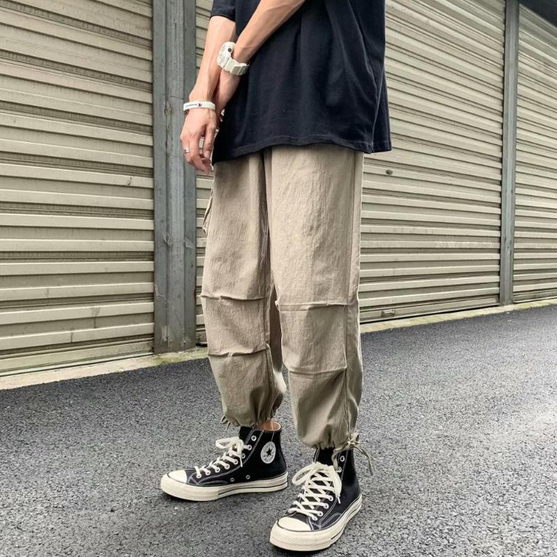 

BXyichen cotton nine points overalls tide brand loose Korean version of the wild Hong Kong style ins beam foot casual pants, Wjsk125-black