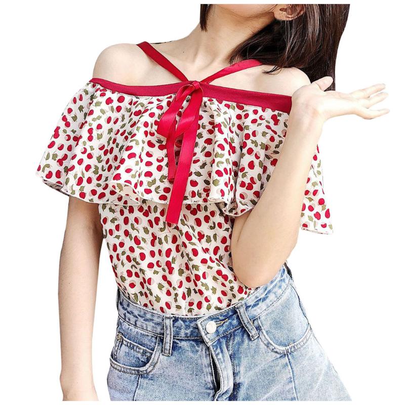 

Sweet Girl Blouse Women Chiffon Blouse Shirt Long Sleeve Korean Halter Strapless Shoulder Floral Chiffon Shirts Women #3, Red