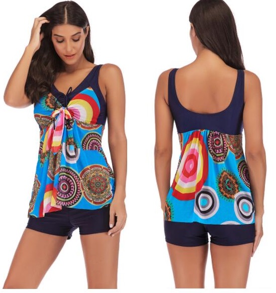 

one piece big Fat plus slim Digital Print Swimwear double shoulder strap skirt split flat angle gradient Bikinis sets flexible stylish