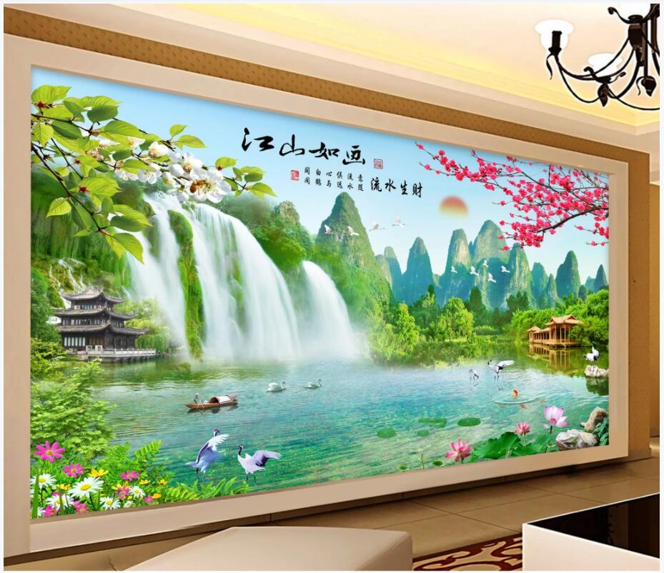 

custom photo 3d wallpaper Chinese style flowing waterfall scenery background home decor living room 3d wall murals wallpaper for walls 3 d, Non-woven wallpaper