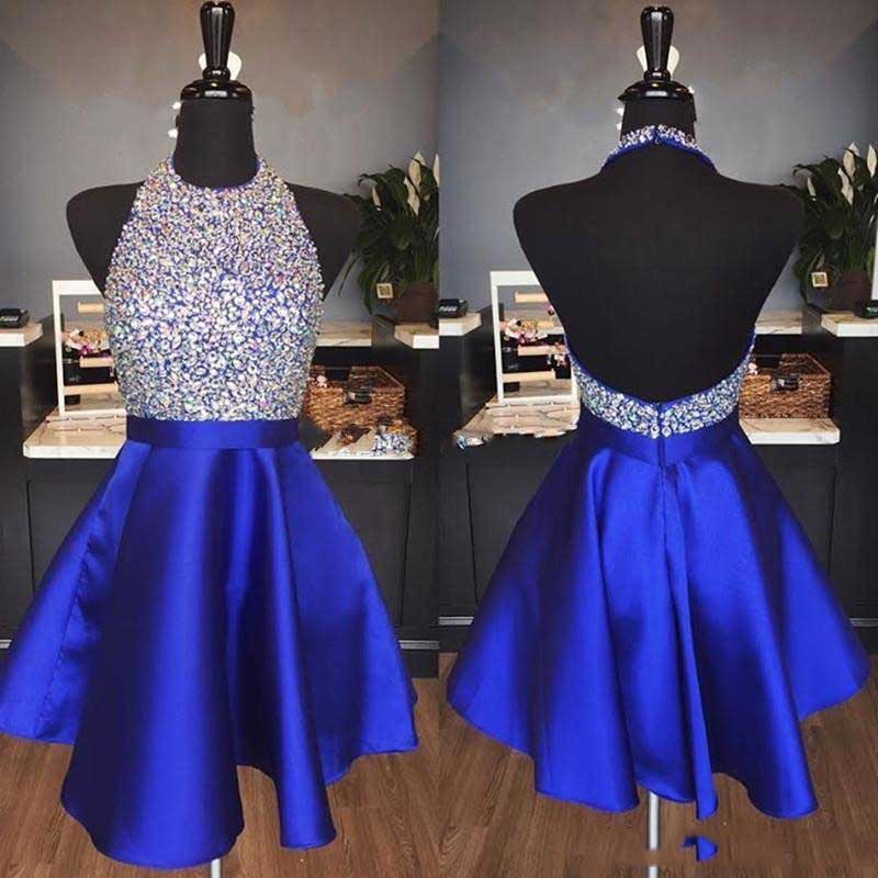 

Free Ship 2019 Royal Blue Sparkly Homecoming Dresses A Line Hater Backless Beading Short Party Dresses for Prom abiti da ballo Custom Made, Hunter