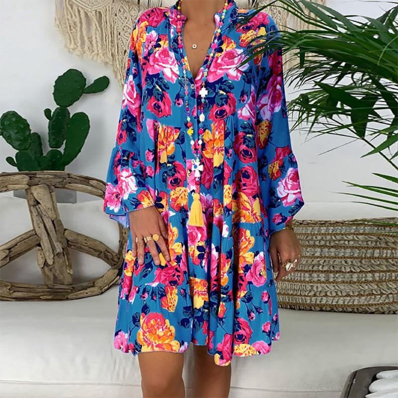 

Womens Mini Dress Long Sleeve Casual Loose Boho Kaftan Tunic Gypsy Ethnic Print Summer Dress Women Sundress vestidos#J30, Color4