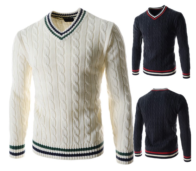 

Men's Winter Cotton Long Sleeve V-neck Pullover Youth Slim Joker Simple Boutique Contrast Knit Knit Sweater, White