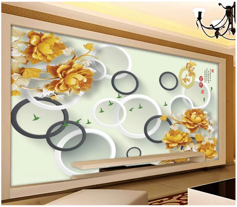 

Papel de parede Custom 3d photo murals wall paper HD Gold Peony 3D Circle Circle Home and Rich Living Room TV Background Wall Sticker, Custom any size
