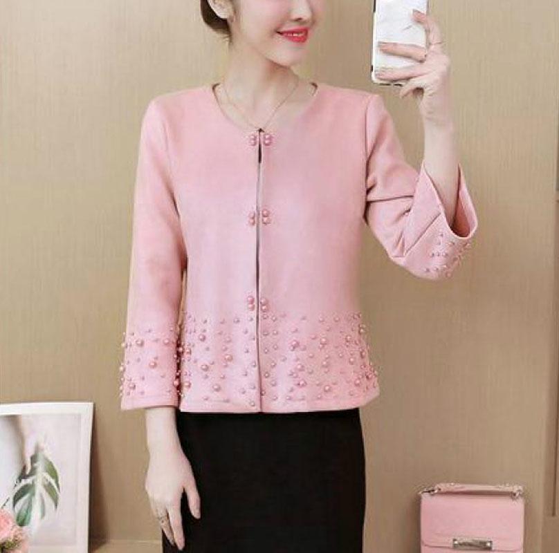 

New Women Plus Size Short Jacket Spring Autumn Flare Sleeve Elegant Suede Coats Ladies Slim Nail Bead Pink Outerwear Casaco-a