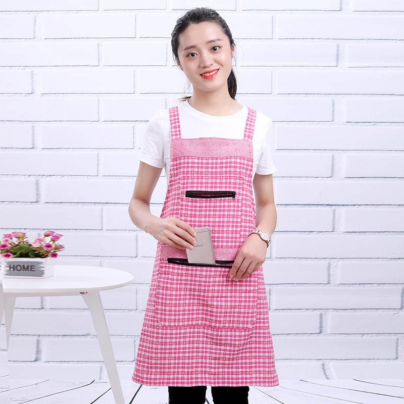 

Korean version of the cotton I-shaped strap apron anti-fouling double pocket zipper cover home kitchen cooking cleaning