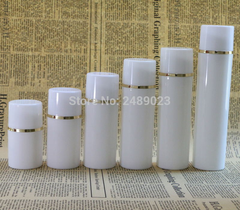 

50ml 100ml White cap Airless Pump Bottles With Golden line Plastic Bottle Vacuum cosmetic Lotion Containers 10 pcs/lot